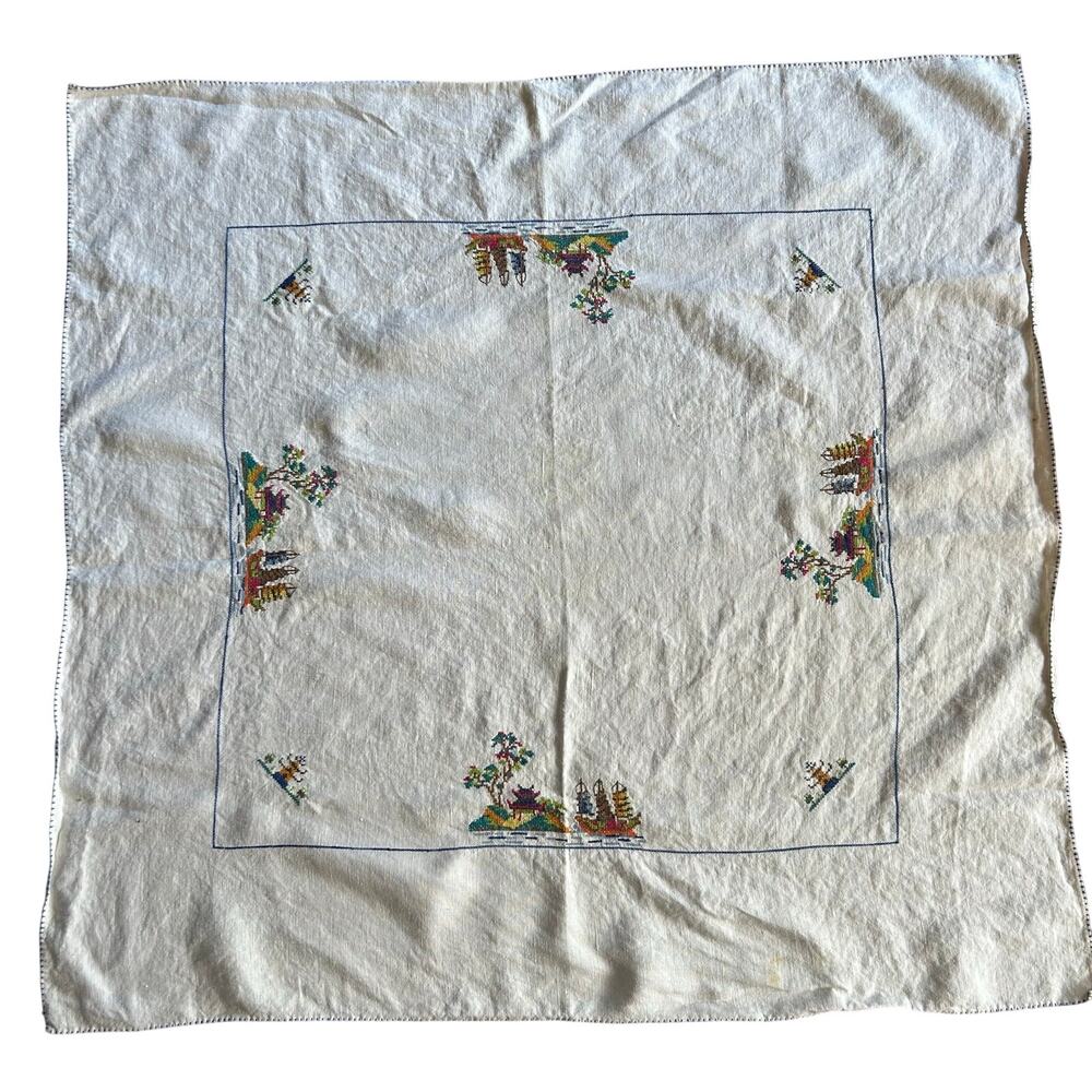 Vintage square handmade cross-stitch linen textile Asian pagoda scene